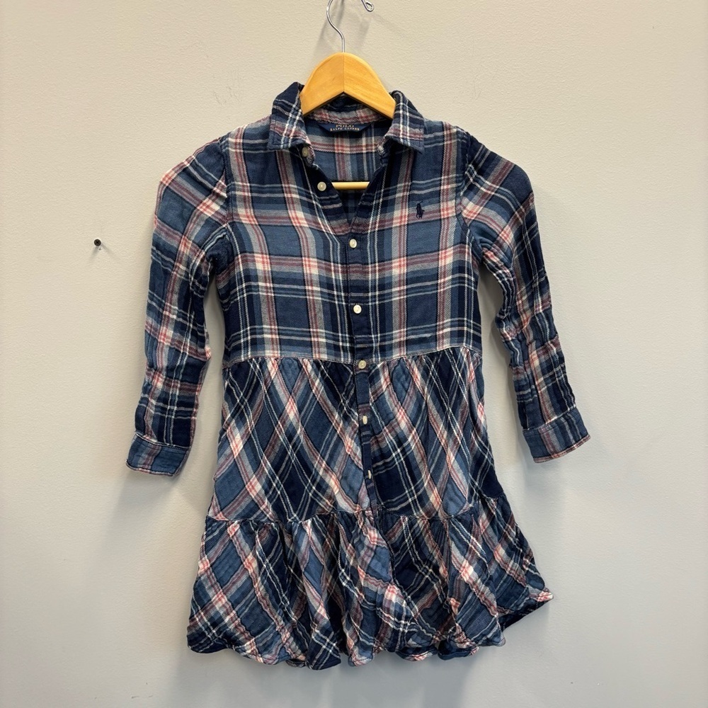 Polo Ralph Lauren Navy‎ Plaid Girls 5 Button Down Shirt Dress Flannel